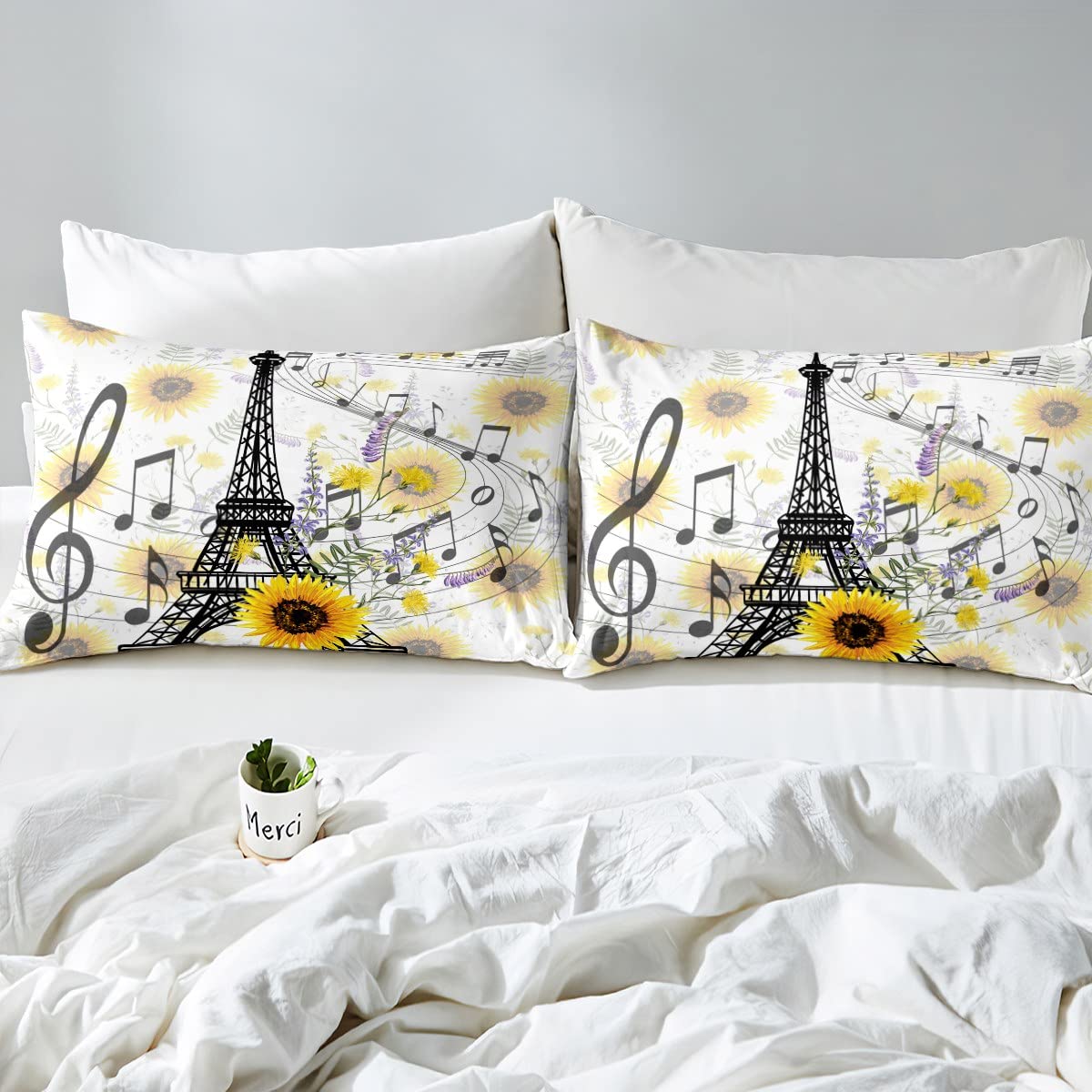 Eiffel Tower Kids Deep Pocket Fitted Sheet Cute Sunflower Bed Sheet Set for Boys Children Teens Bedroom Decor Paris Tower Bedding Set Floral Music Themed Bed Cover Queen Size with 2 Pillow Case