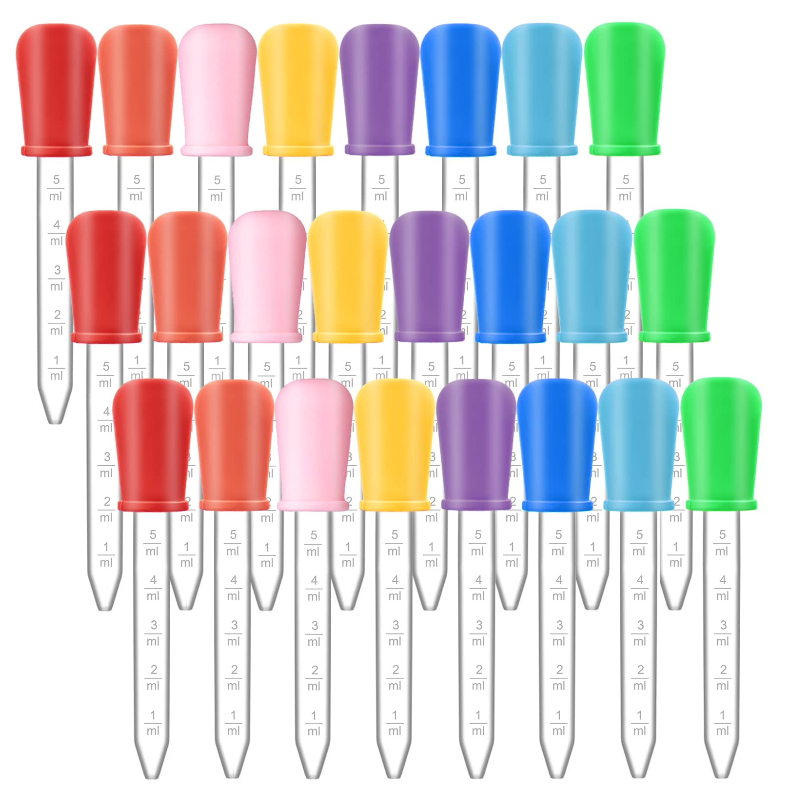 Basic Model 24 Pack Liquid Droppers for Kids Crafts, 5ml Clear Medicine Eye Dropper, Silicone and Plastic Pipettes with Bulb Tip for Candy Mold, 8 Colors