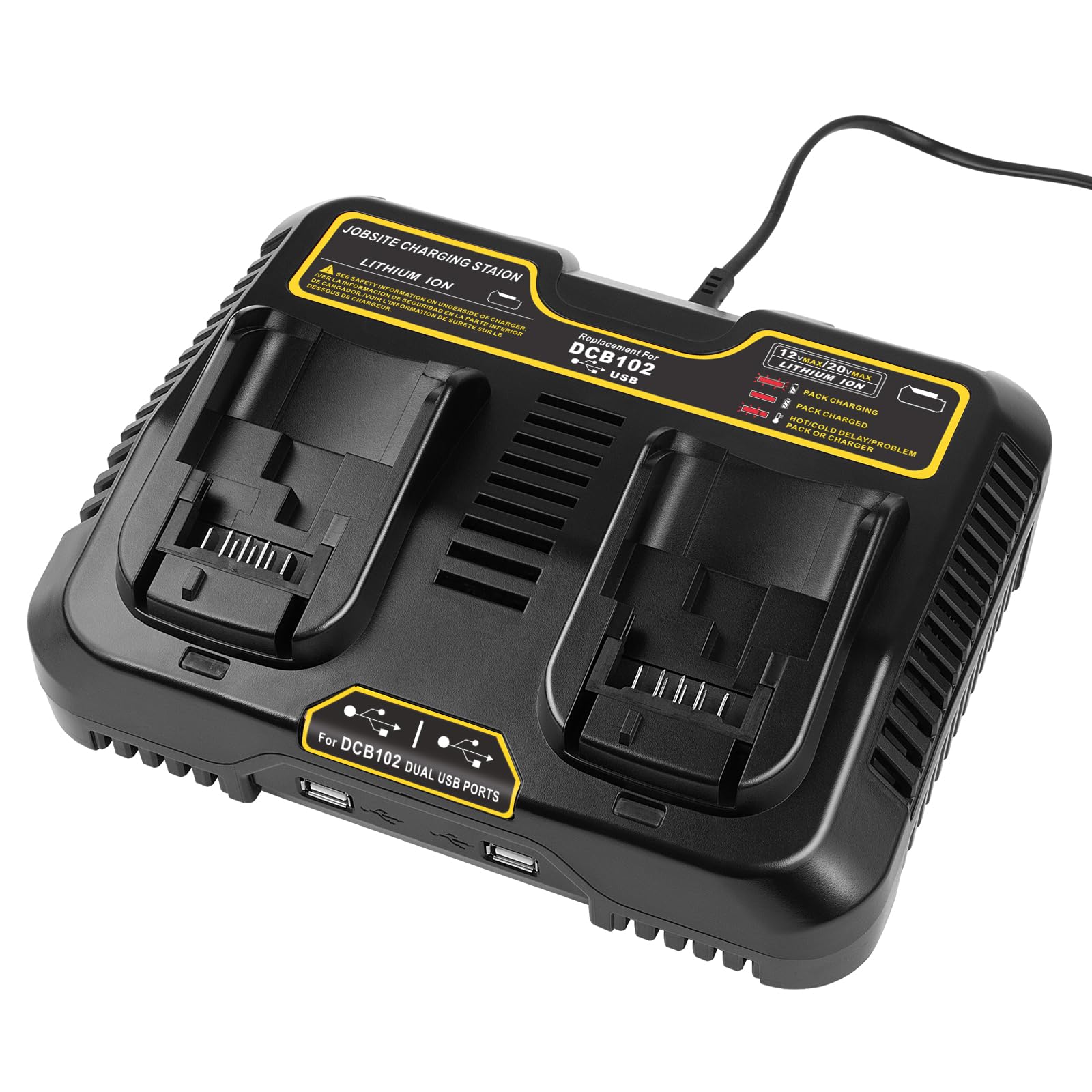 12V-20V Max Battery Charger for Dewalt, DCB102 Fast Dual Charger Station Lithium ion Battery Charger DCB203 DCB204 DCB205 DCB206 DCB201 DCB120 DCB127 (2 USB Ports)