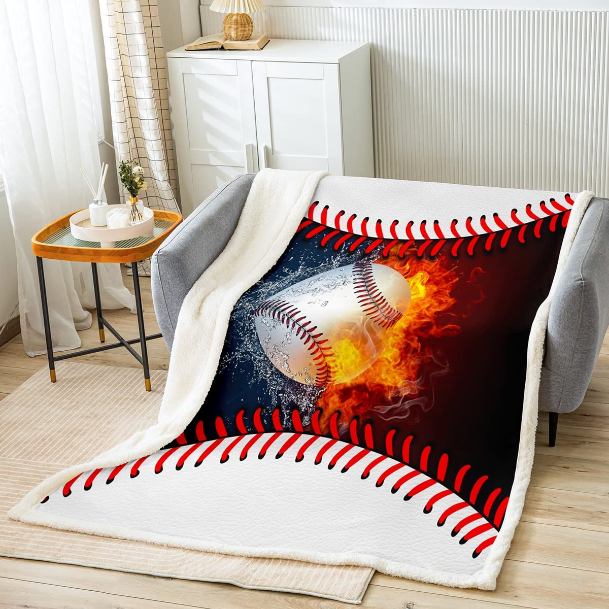 Erosebridal Baseball Fleece Blanket Queen 90"X90" for Boys Baseball Athlete Throw Blanket for Kids Teen Ball Game Sports Plush Bed Blanket Sport Baseball Soft Sherpa Blanket Retro Red Dark Blue White