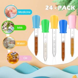 Basic Model 24 Pack Liquid Droppers for Kids Crafts, 5ml Clear Medicine Eye Dropper, Silicone and Plastic Pipettes with Bulb Tip for Candy Mold, 8 Colors