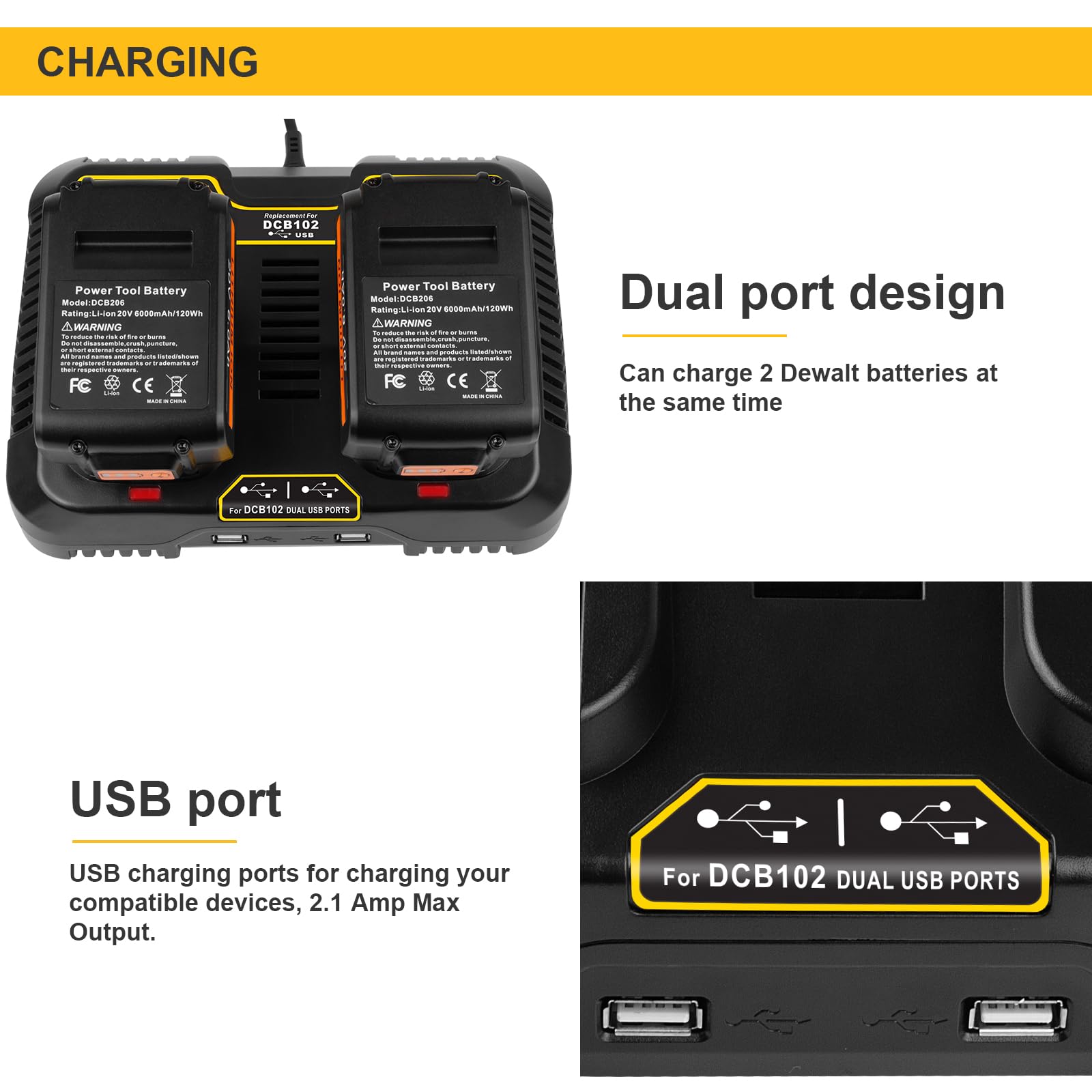 12V-20V Max Battery Charger for Dewalt, DCB102 Fast Dual Charger Station Lithium ion Battery Charger DCB203 DCB204 DCB205 DCB206 DCB201 DCB120 DCB127 (2 USB Ports)