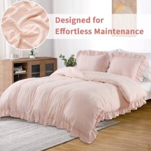 Fashionwu Duvet Cover Queen Size, Microfiber Ruffled Duvet Cover Set Soft and Breathable Queen Duvet Cover Set for All Season 3 Pieces (1 Duvet Cover, 2 Pillowcases), Pink