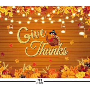 AIBIIN 7x5ft Autumn Thanksgiving Festival Backdrop Fall Wooden Maple Leaves Pumpkin Photography Background Harvest Give Thanks Banner Thanksgiving Day Party Decorations Props