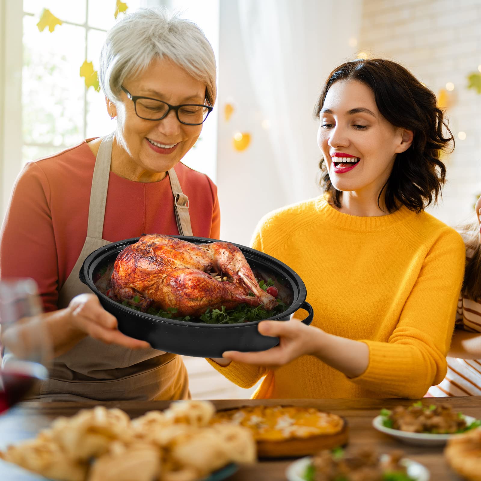 Tessco Roasting Pan 14.5 Inch Enamel Oval Turkey Roasting Pan with Lid 4.8 Quart Non Sticky Safe Spot Black Roaster Pot for Thanksgiving Gift Baking Turkey Cookware