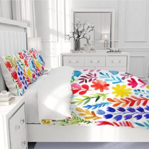 Queen Duvet Cover Set Watercolor Colorful Floral Leaves Soft Bed Duvet Cover with Zipper Closure,3 Pieces Breathable Bedding Set,1 Comforter Cover and 2 Pillow Shams