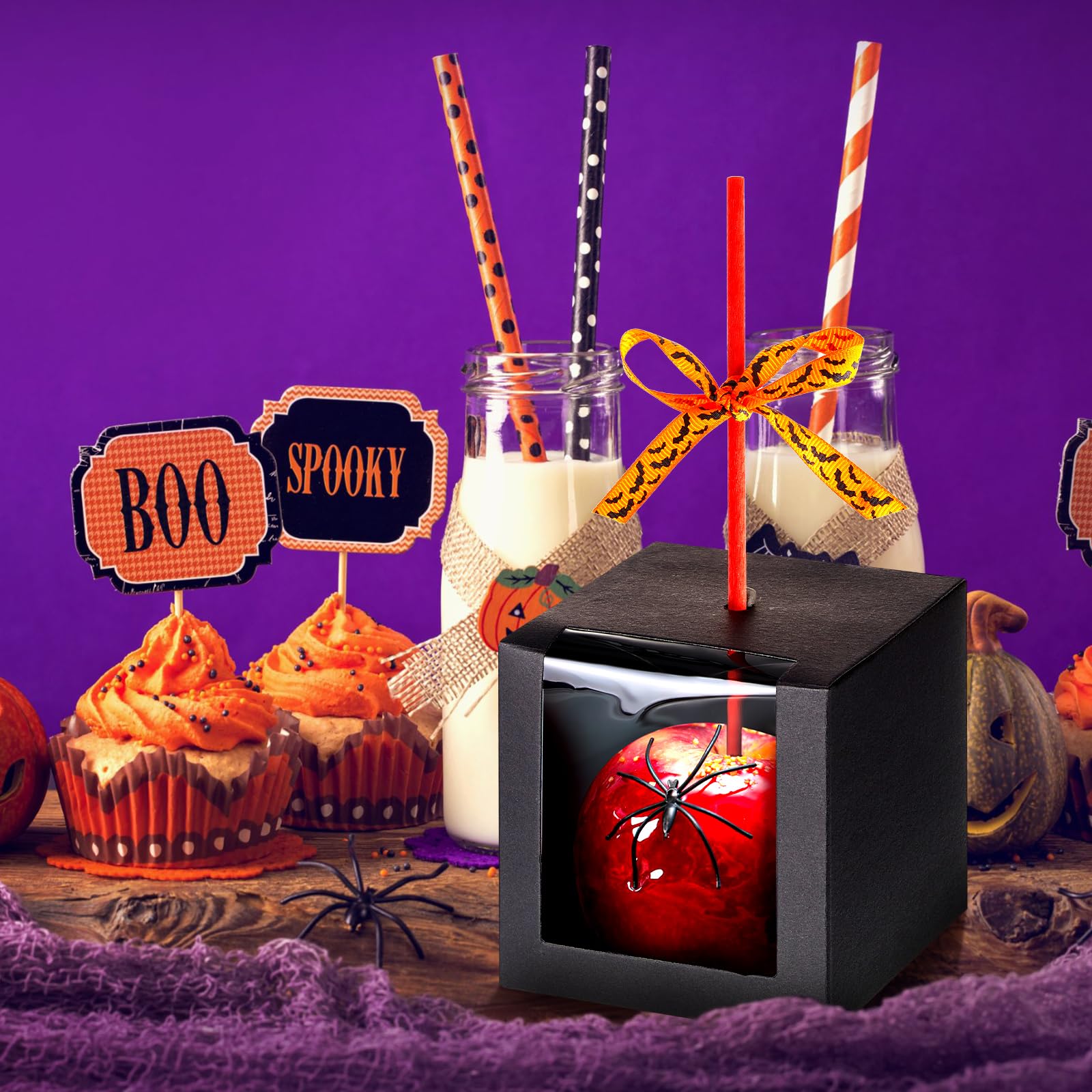 50 Sets Halloween Kraft Candy Apple Boxes with Hole Stick and Ribbons 4x4x4'' Window Clear Favor Boxes Candied Cake Cookies Chocolate Caramel Apple Boxes Gift Treat Boxes for Wedding Party (Black)