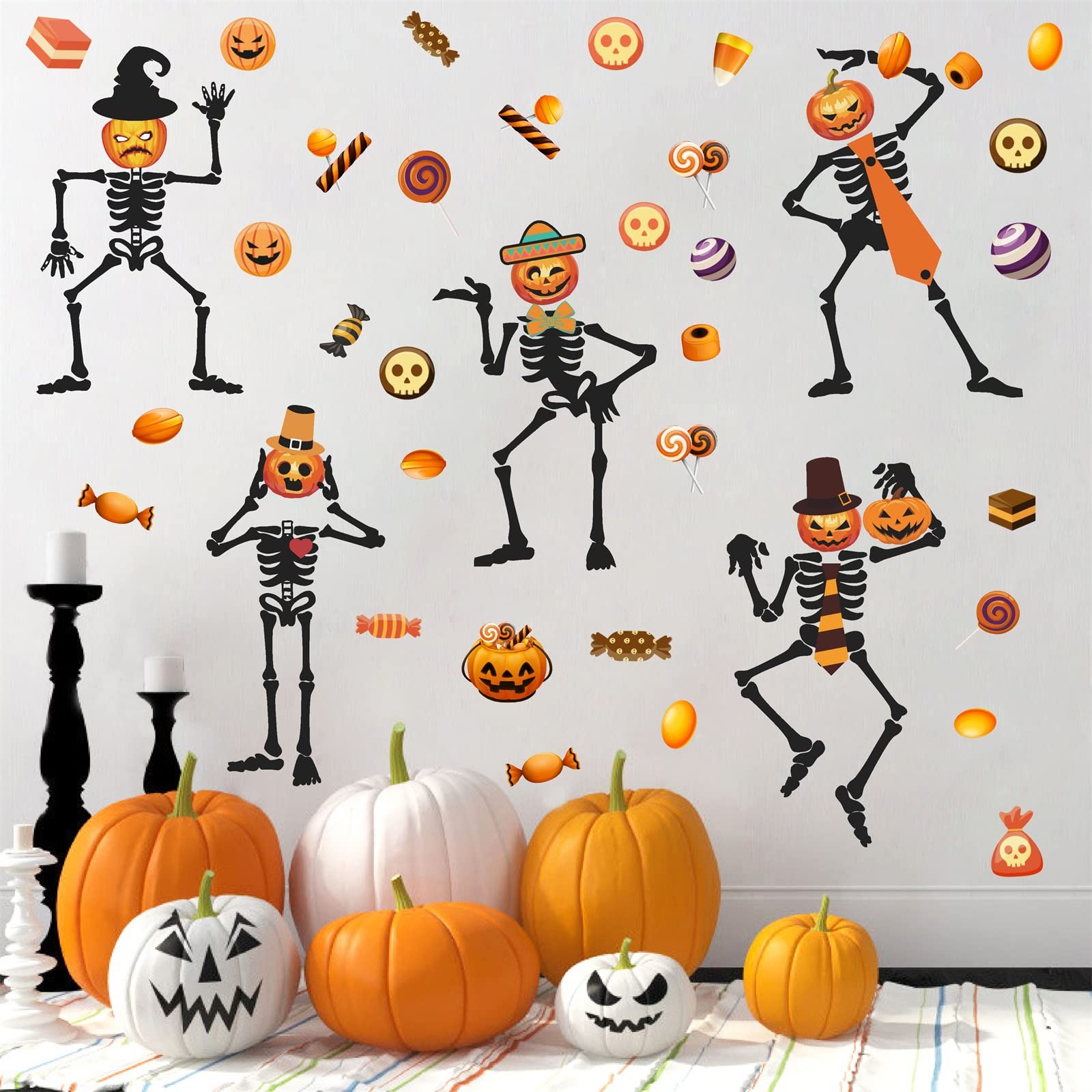 Halloween Skeleton Wall Decal Halloween Wall Stickers Pumpkin Candy Wall Decals Vinyl Halloween Window Clings Peel and Stick for Kids Room Window Halloween Party Decor