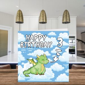 3rd Birthday Card Unisex - Cute Dragon - Happy Birthday Card 3 Year Old, 5.7 x 5.7 Inch Greeting Card for Son Daughter Brother Sister Grandson Granddaughter Niece Nephew Cousin