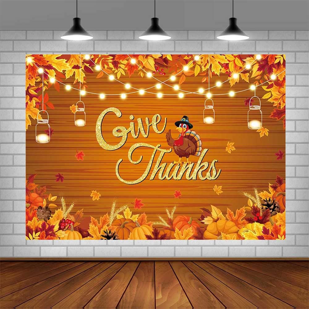 AIBIIN 7x5ft Autumn Thanksgiving Festival Backdrop Fall Wooden Maple Leaves Pumpkin Photography Background Harvest Give Thanks Banner Thanksgiving Day Party Decorations Props