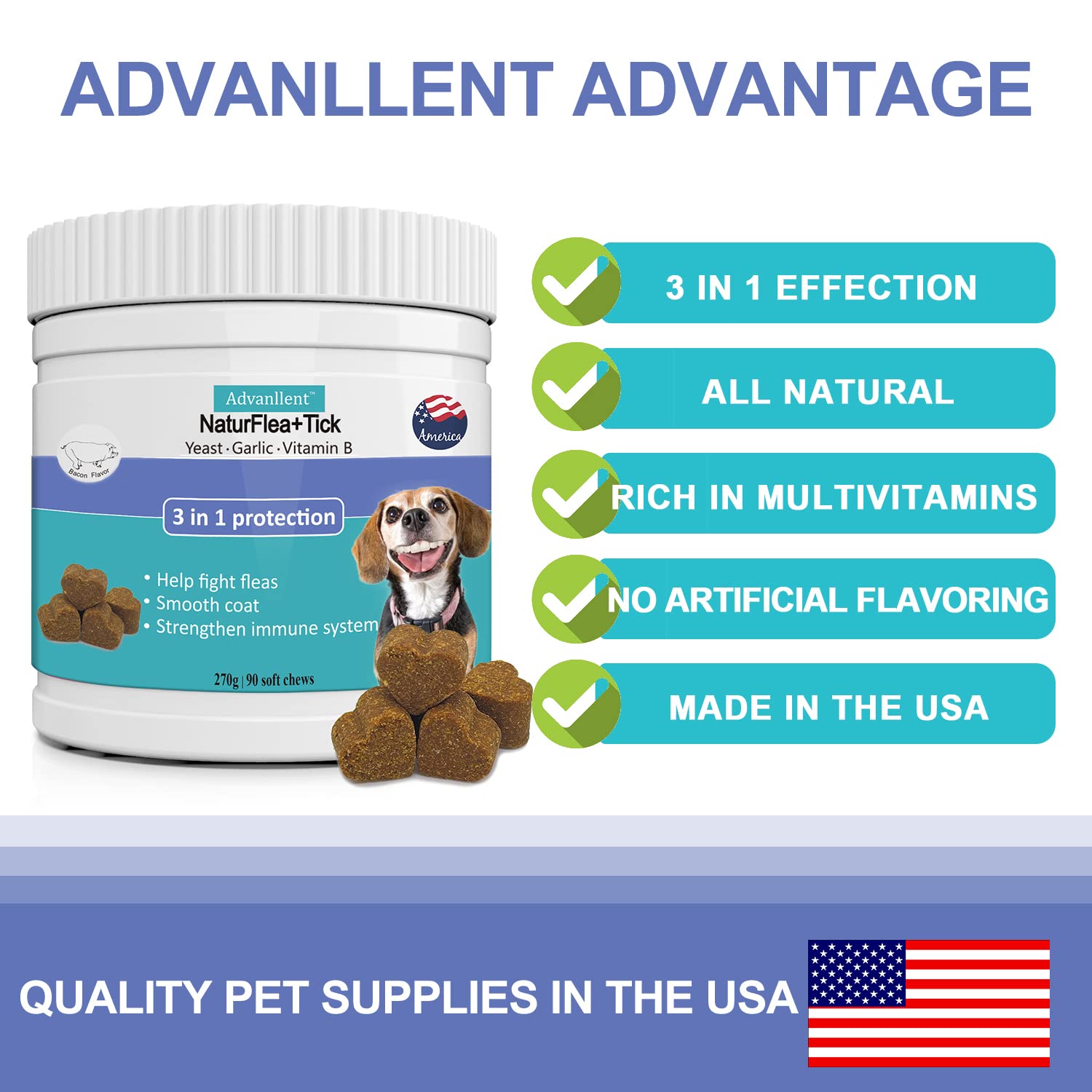 Advanllent Flea & Tick Prevention Supplement - Natural & Functional Flea Treatment for Dogs Soft Chew - Help with Dog Flea and Tick Treatment, Coat Smooth, Immune Health - 90 Count Flea Chewables