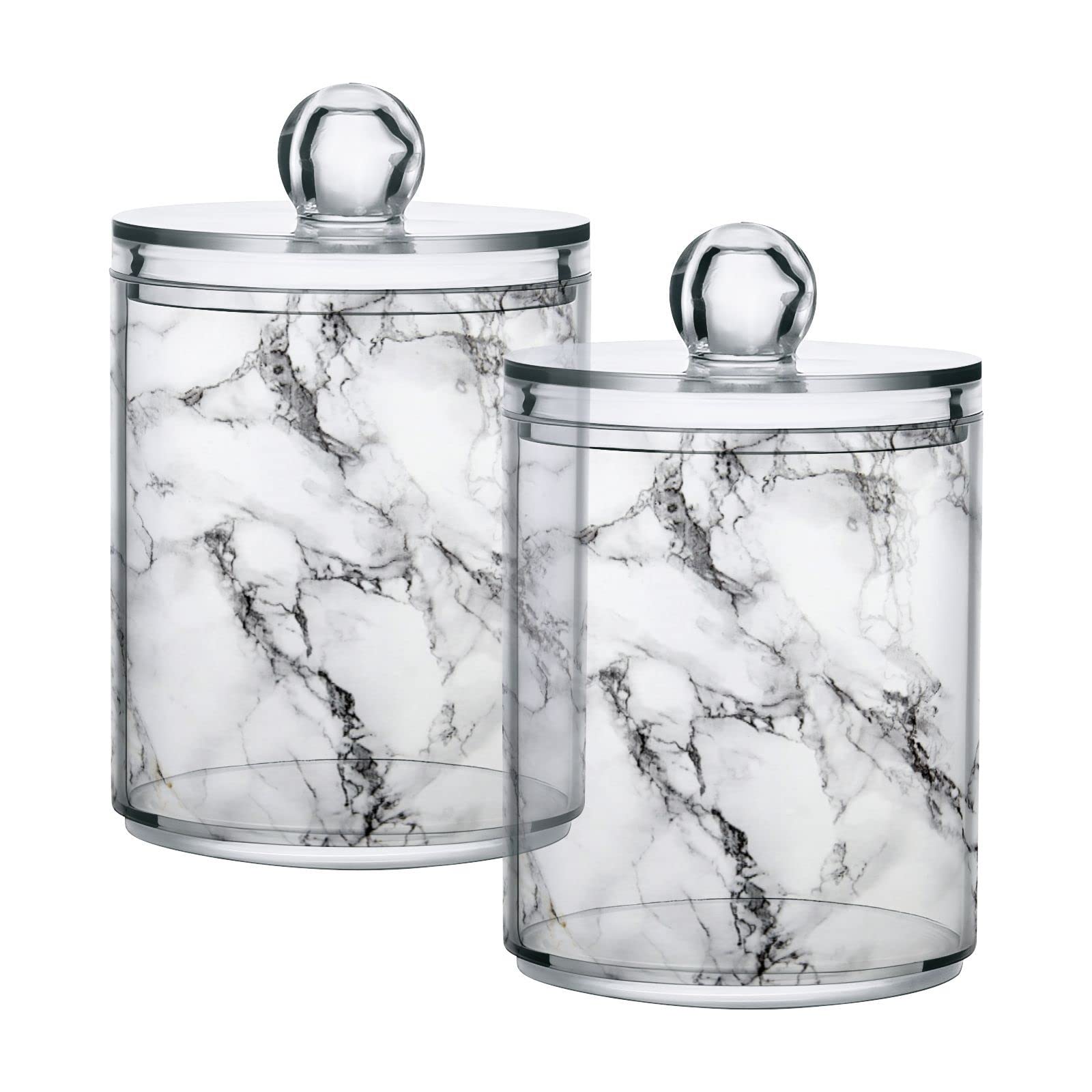 2 Pack Qtip Holder Organizer Dispenser Stylish White Marble Texture Bathroom Storage Canister Cotton Ball Holder Bathroom Containers for Cotton Swabs/Pads/Floss