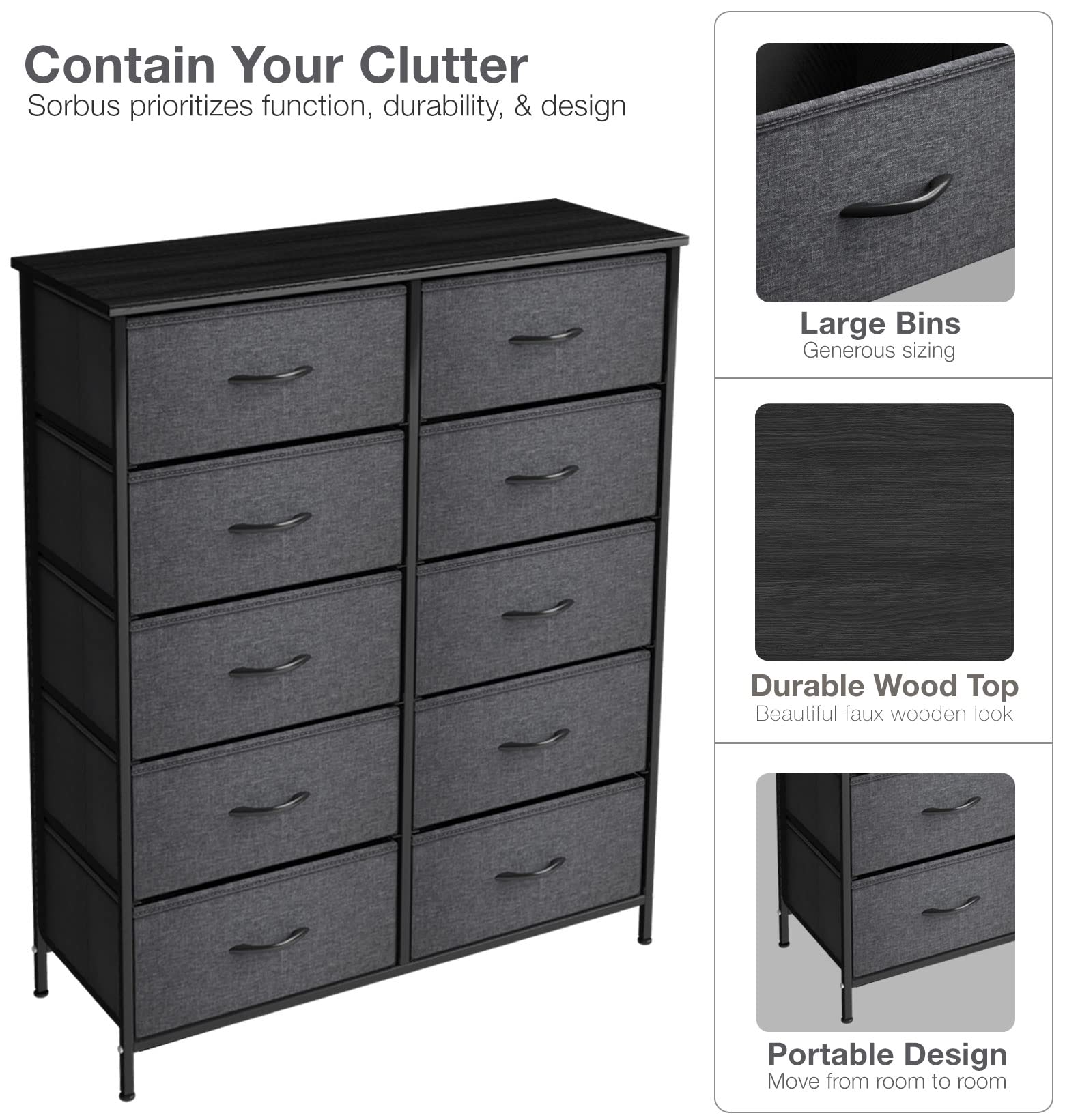 Sorbus Dresser with 10 Faux Wood Drawers - Storage Unit Organizer Chest for Clothes - Bedroom, Hallway, Living Room, Closet, & Dorm Furniture - Steel Frame, Wood Top, & Easy Pull Fabric Bins