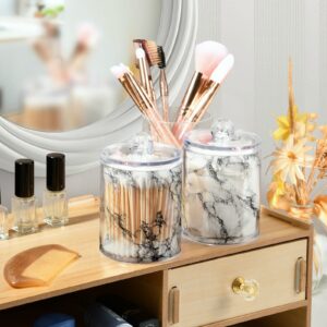 2 Pack Qtip Holder Organizer Dispenser Stylish White Marble Texture Bathroom Storage Canister Cotton Ball Holder Bathroom Containers for Cotton Swabs/Pads/Floss