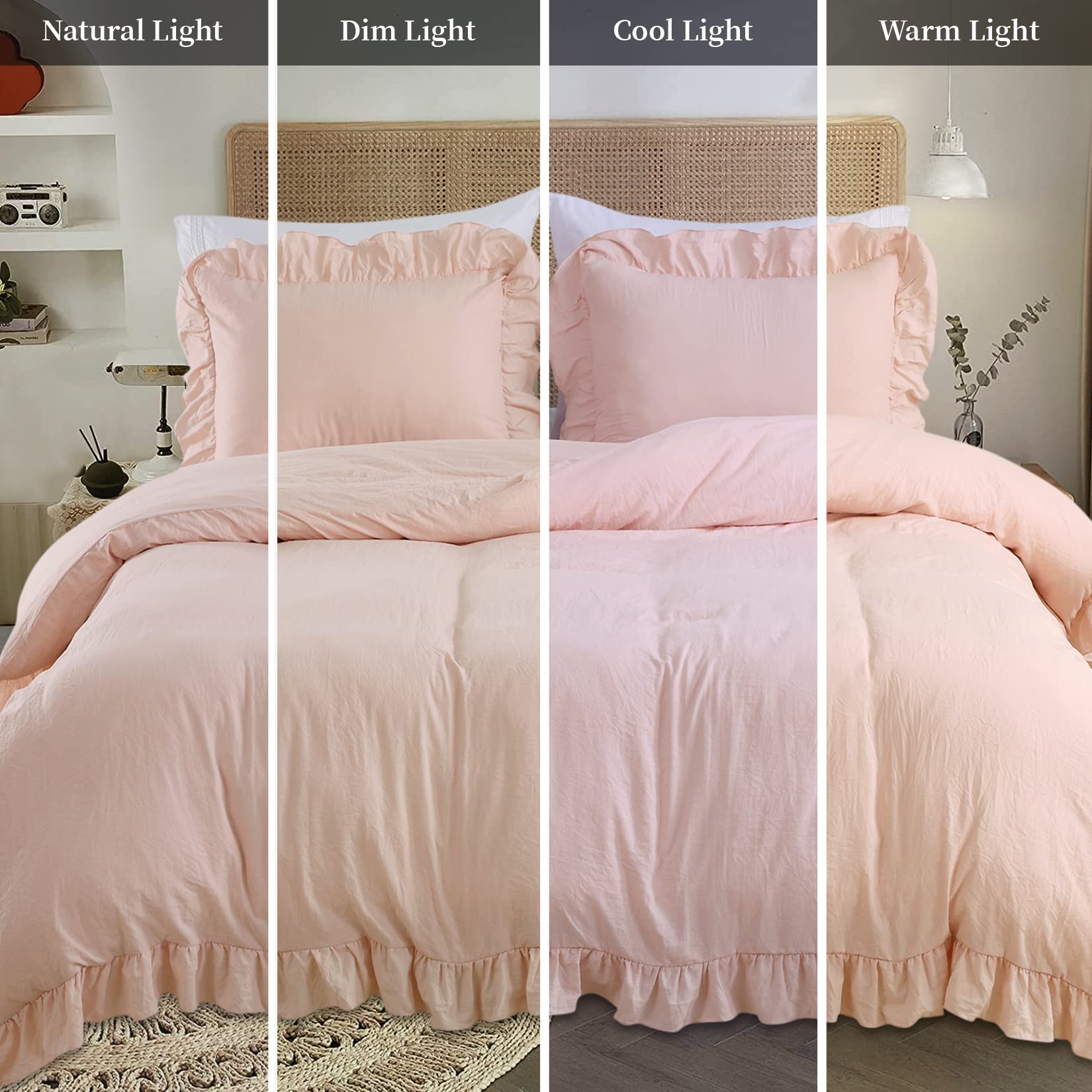 Fashionwu Duvet Cover Queen Size, Microfiber Ruffled Duvet Cover Set Soft and Breathable Queen Duvet Cover Set for All Season 3 Pieces (1 Duvet Cover, 2 Pillowcases), Pink