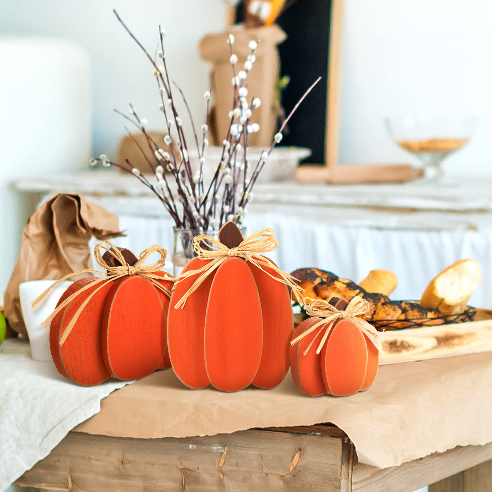 Ferraycle 3 Pcs Thanksgiving Pumpkin Decor Fall Decor Autumn Farmhouse Sign Rustic Tiered Tray Decorations Table Centerpieces Standing Wooden Block Sign for Halloween Home Kitchen