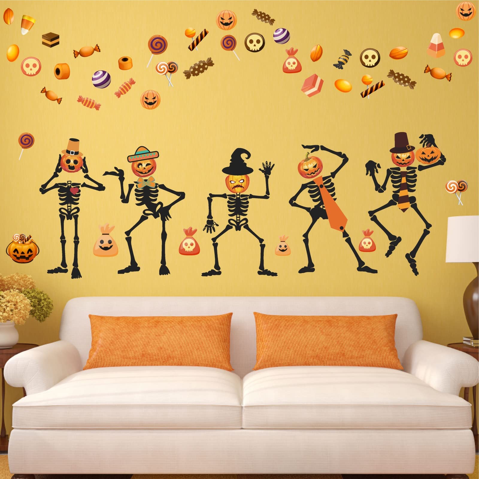 Halloween Skeleton Wall Decal Halloween Wall Stickers Pumpkin Candy Wall Decals Vinyl Halloween Window Clings Peel and Stick for Kids Room Window Halloween Party Decor