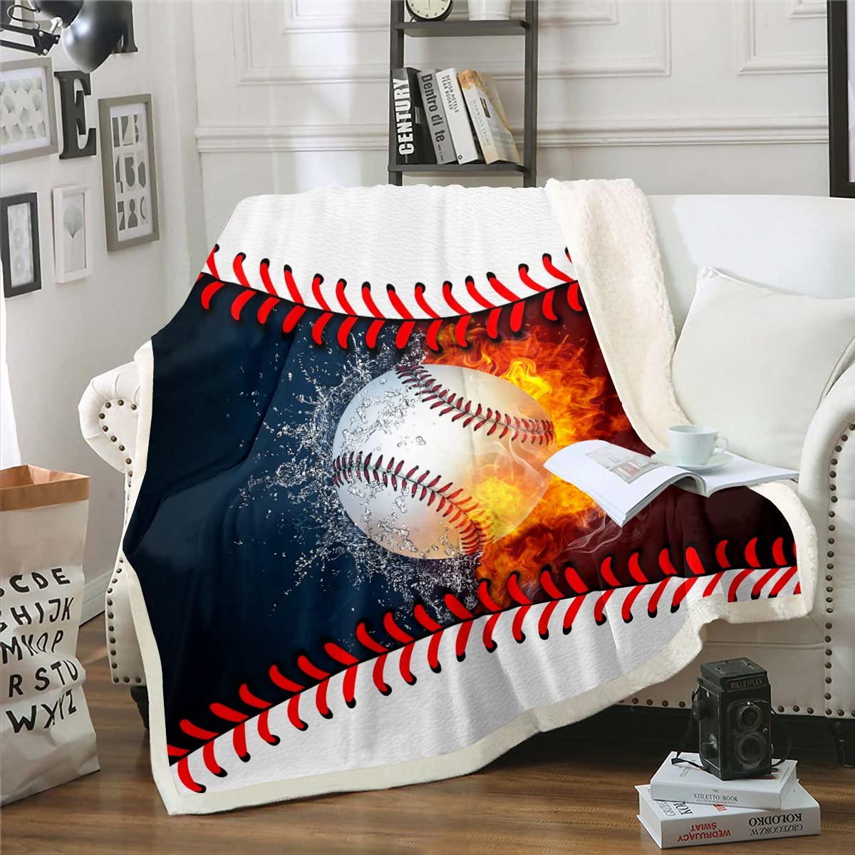 Erosebridal Baseball Fleece Blanket Queen 90"X90" for Boys Baseball Athlete Throw Blanket for Kids Teen Ball Game Sports Plush Bed Blanket Sport Baseball Soft Sherpa Blanket Retro Red Dark Blue White