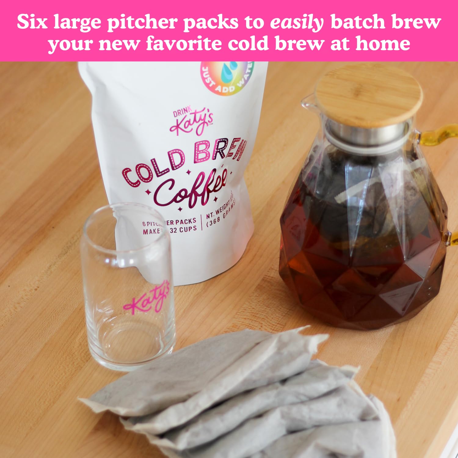 Drink Katy’s Cold Brew Coffee Packs, 6 Large Ready-to-Brew Pitcher Packets, No More Messy Cold Brew, Smooth & Delicious Dark Roast Brazilian Craft Coffee, Proudly Woman-Owned (Makes 32 Servings)