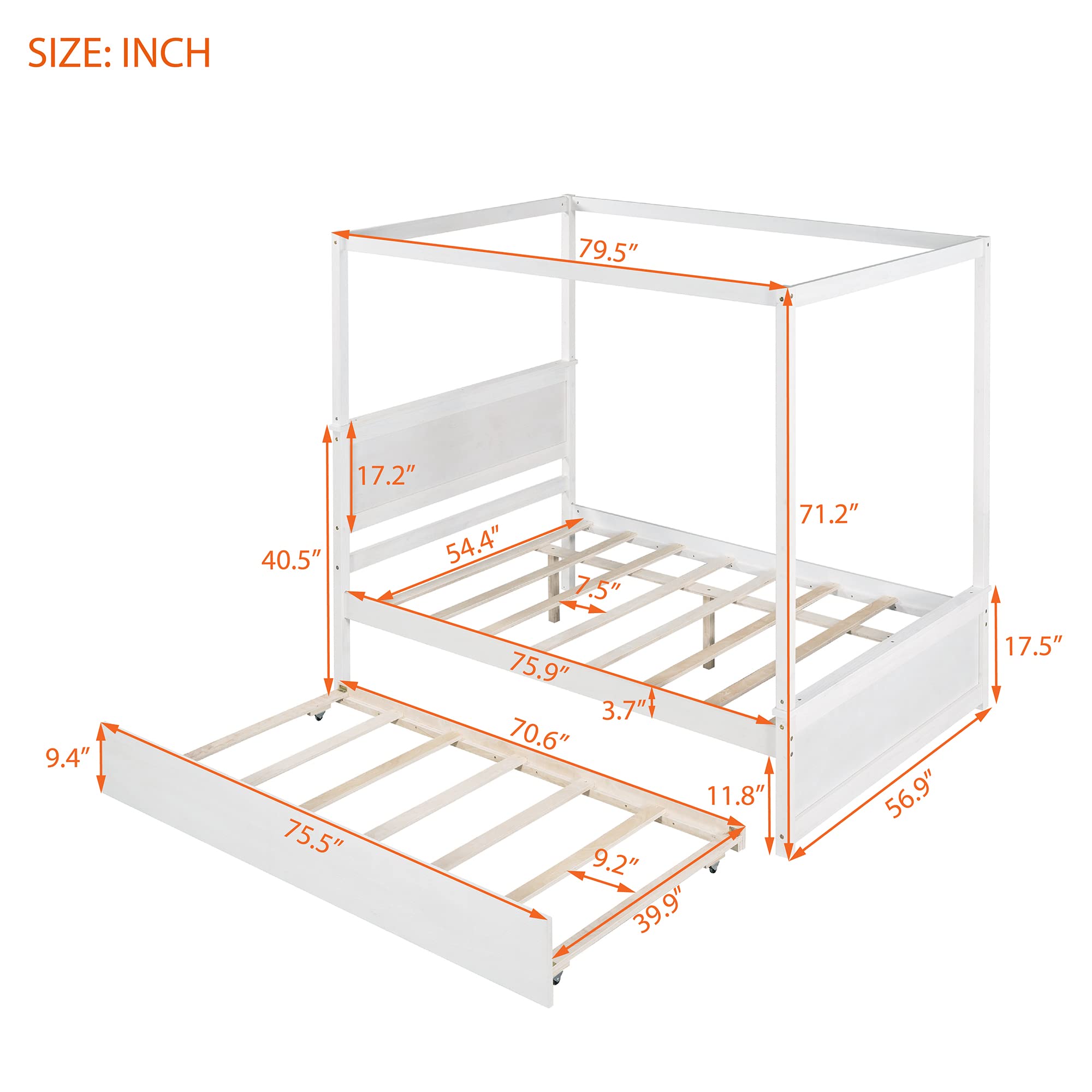 Full Size Canopy Bed with Trundle Bed, Solid Wood Full Platform Bed with Headboard, Footboard and Slat Support,Modern 4 Poster Panel Bed for Kids, Teens, Adults. No Box Spring Needed (Full, Gray)