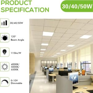 WEIZE LED Flat Panel Light, 30/40/50W, 0-10V Dimmable, CCT Selectable 4000K/5000K/6500K, 2x2 FT Recessed Back-Lit Drop Ceiling Light, Lay in Fixture for Office