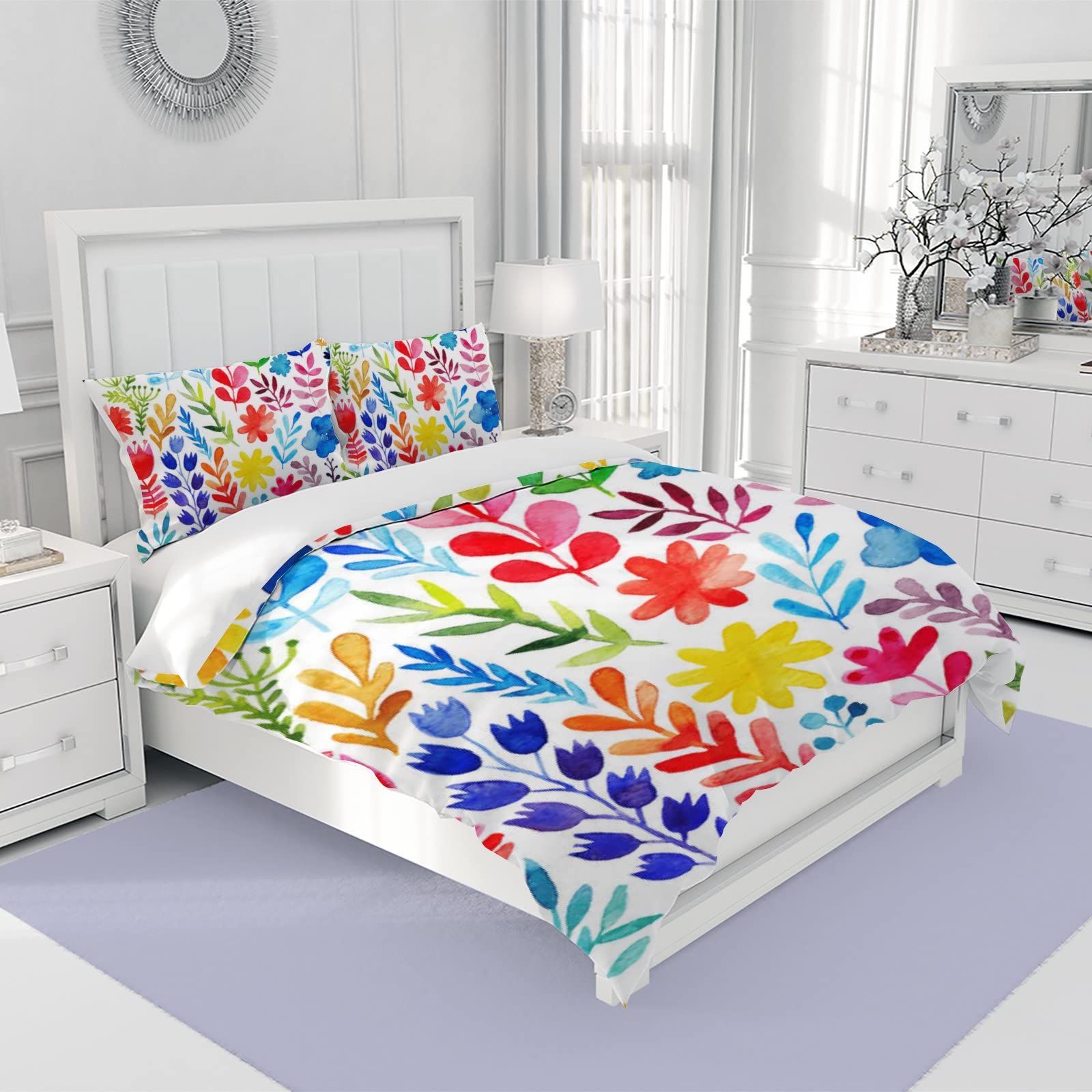 Queen Duvet Cover Set Watercolor Colorful Floral Leaves Soft Bed Duvet Cover with Zipper Closure,3 Pieces Breathable Bedding Set,1 Comforter Cover and 2 Pillow Shams