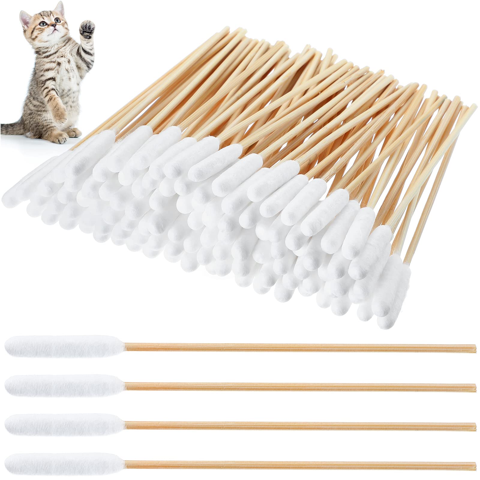 Nuogo 300 Pieces Cotton Buds for Dogs and Cats Pet Cotton Ear Buds Swabs Cotton Dog Ear Cleaner Dog Ear Cleaning Solution Long Cotton Swab Dog Ear Drops with Wood Handle for Dog Ear Care, 4.7 Inches