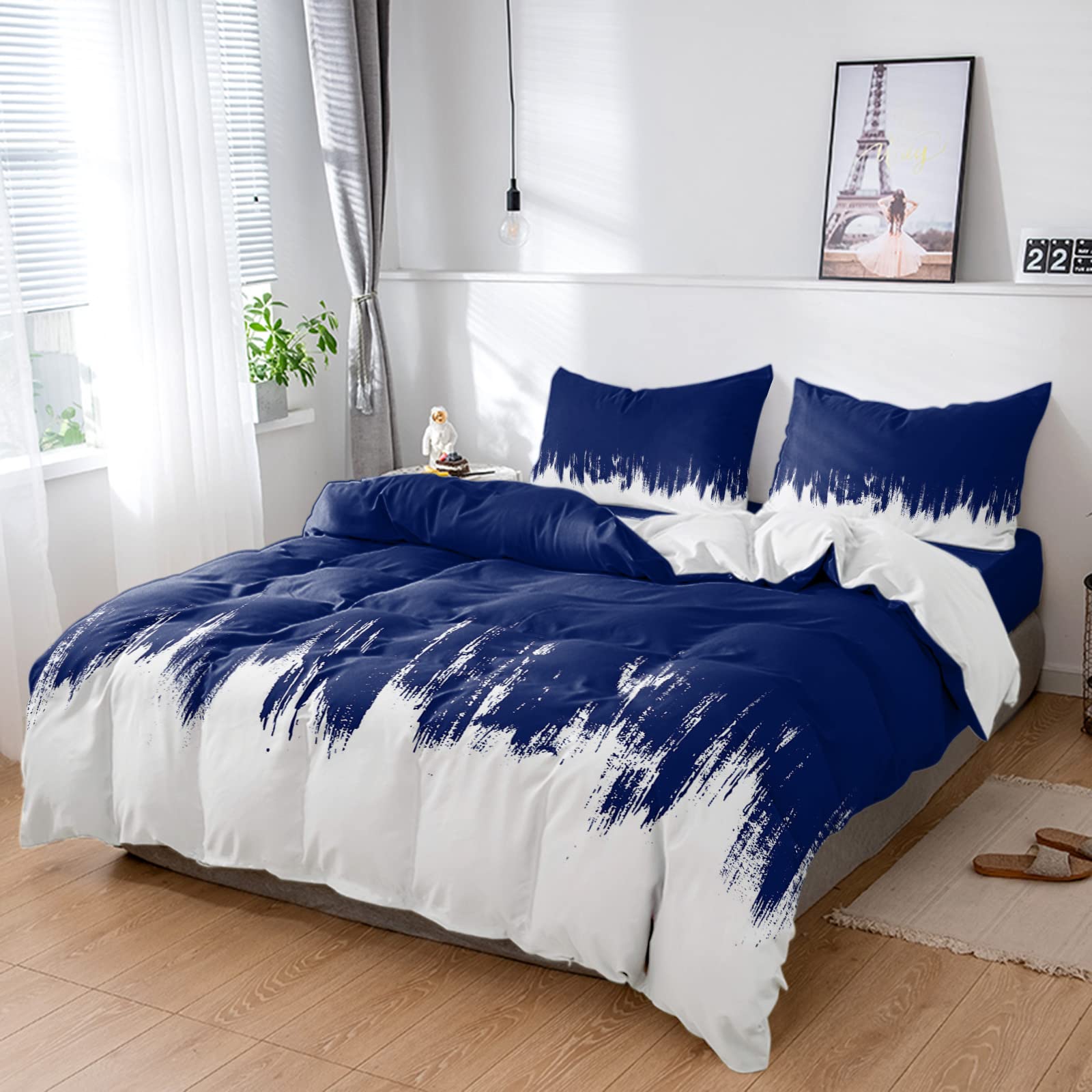 4 Pieces Duvet Cover Bedding Set Cal King Modern Royal Blue White Gradient Ultra Soft Quilted Luxury Washed Comforter Covers Bed Sheet Pillowcases Minimalist Paint Smudge Art for Bedroom Decor