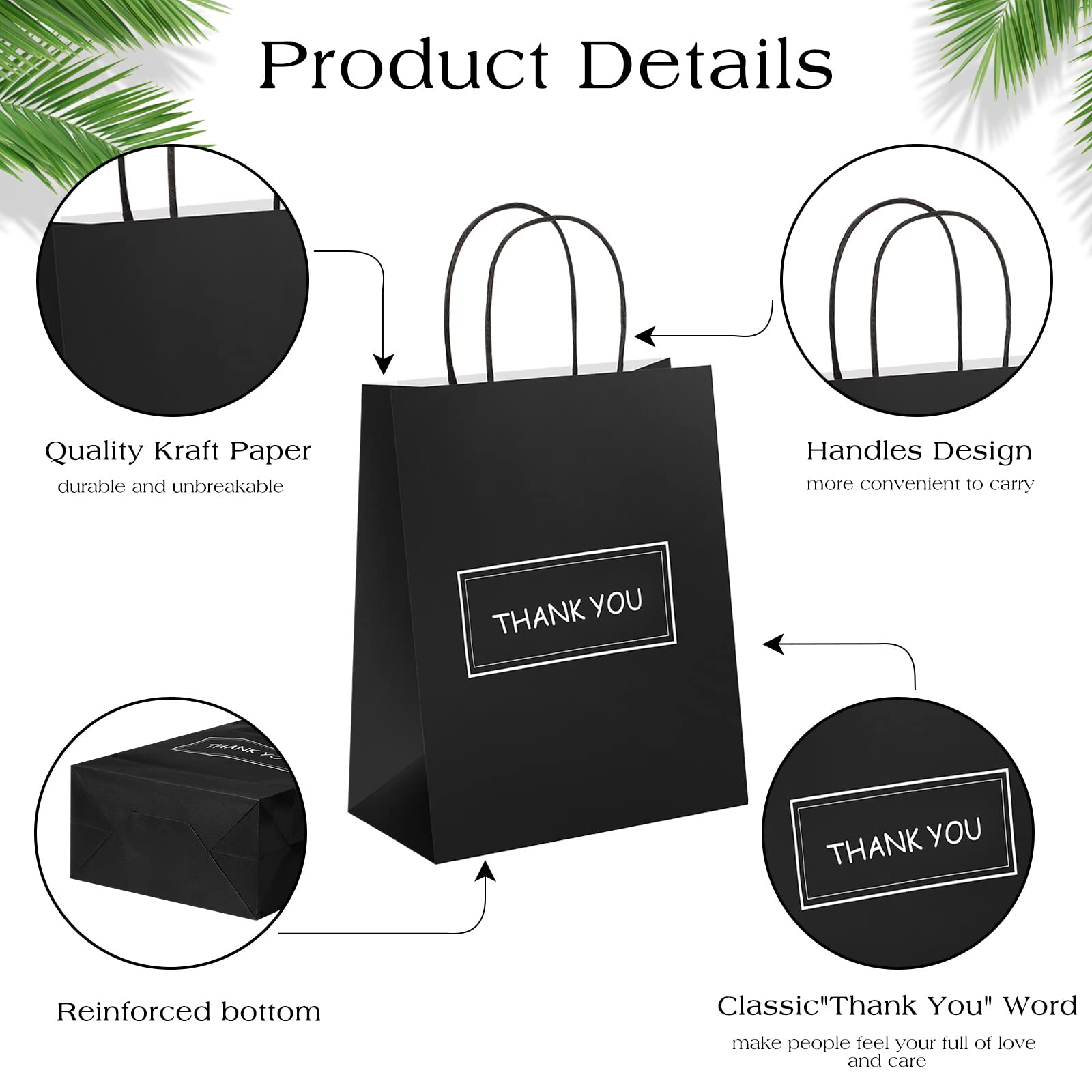 100 Pcs Thank You Paper Bags Bulk 8 x 4 x 10 Inch Thank You Gift Bags with Handle Shopping Merchandise Bag Merchant Bag for Small Business, Retail Shopping, Wedding, Party, Boutique (Black)