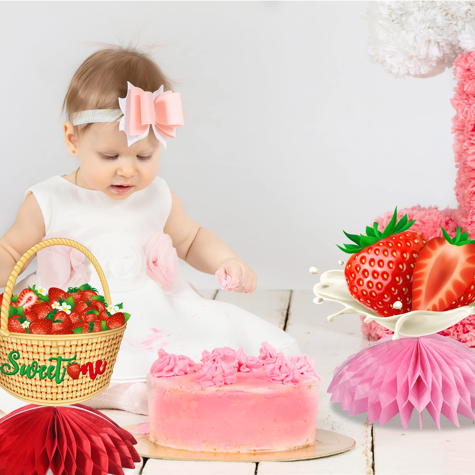 9 Pieces Strawberry Sweet One Honeycomb Centerpieces Strawberry First Birthday Party Table Decorations 1st Table Centerpieces Toppers for Baby Girls Boys Baby Shower Birthday Party Supplies