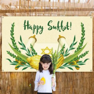 Pudodo Happy Sukkot Backdrop Banner Sukkah Etrog Lulav Jewish Holiday Party Religious Photography Background Wall Decoration