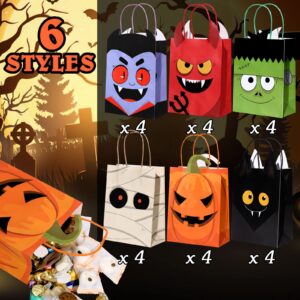 24 Pack Halloween Treat Bags Halloween Paper Gift Bags Trick or Treat Candy Goodie Bags with Handles Mummy Black Bat Frankenstein Vampires Evil Pumpkin Treat Bags for Halloween Party Favors Supplies