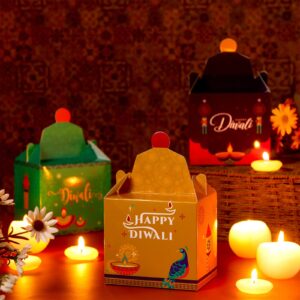 Eersida 12 Pcs Diwali Sweet Gift Boxes Happy Diwali Treat Gift Bags Party Favors Indian Festival of Lights Goodie Gable Boxes Decoration