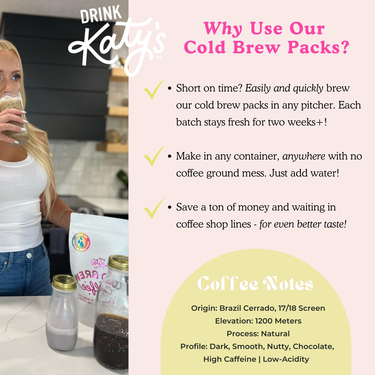 Drink Katy’s Cold Brew Coffee Packs, 6 Large Ready-to-Brew Pitcher Packets, No More Messy Cold Brew, Smooth & Delicious Dark Roast Brazilian Craft Coffee, Proudly Woman-Owned (Makes 32 Servings)