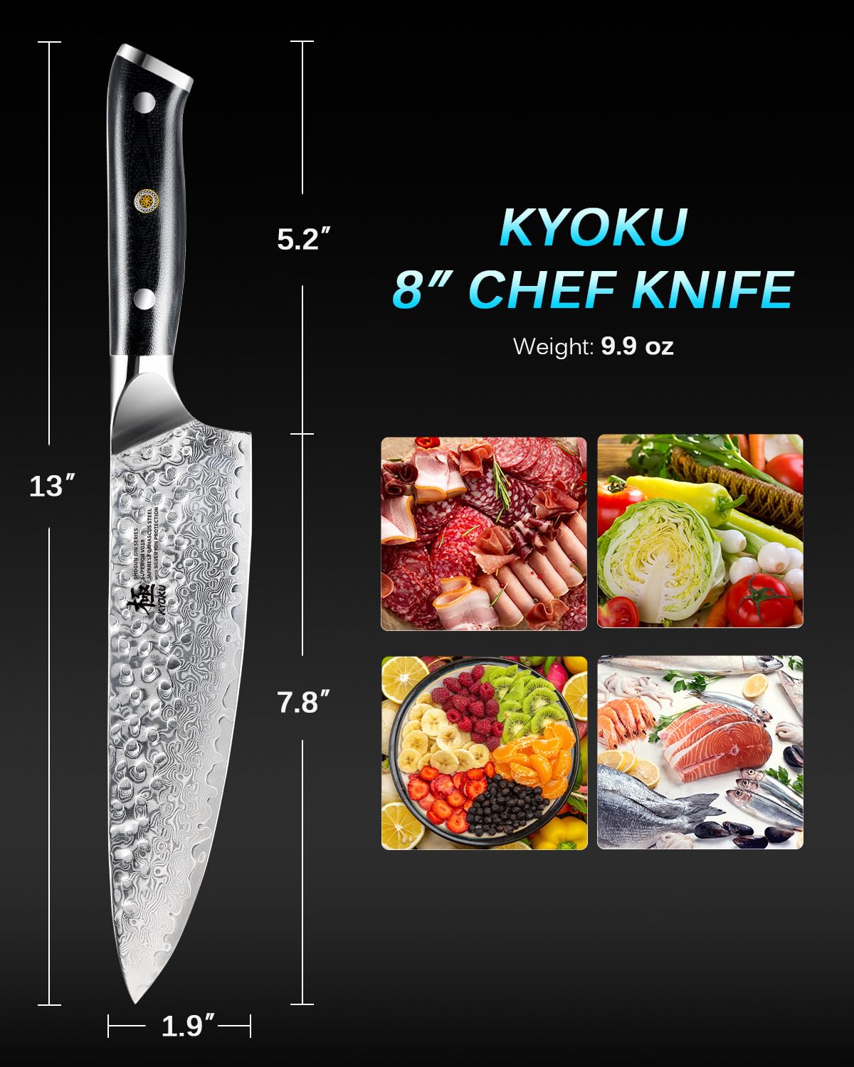 KYOKU Gin Series Chef Knife, 8" All Purpose Kitchen Knife, Japanese VG10 Damascus Stainless Steel Knife with Silver Ion Blade G10 Handle Mosaic Pin, Professional Knife for Meat Fruit Vegetables