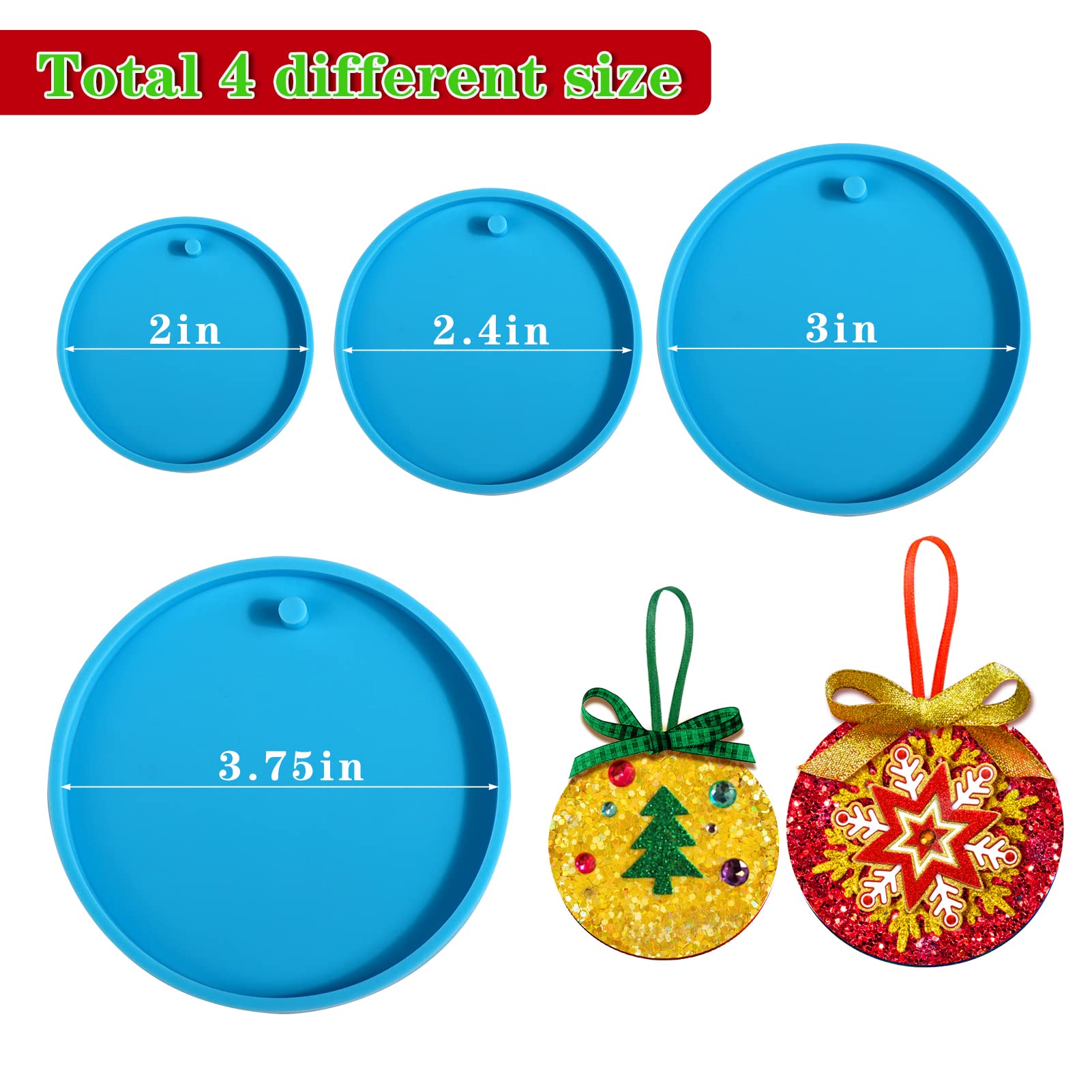 Juome Christmas Ornaments Resin Molds Silicone, 4 Pcs Round Shape Pendant Christmas Molds for Epoxy Resin, DIY Crafts Keychain Making Christmas Tree Decorations