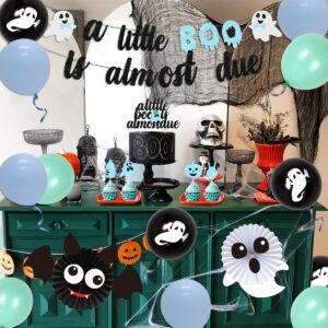 A Little Boo Is Almost Due Halloween Baby Shower Decorations for Boys - Blue Black Glitter A Little Boo Is Almost Due Banner Cake Cupcake Topper Balloons Black Bat Ghost Foil Balloons for Little Boo