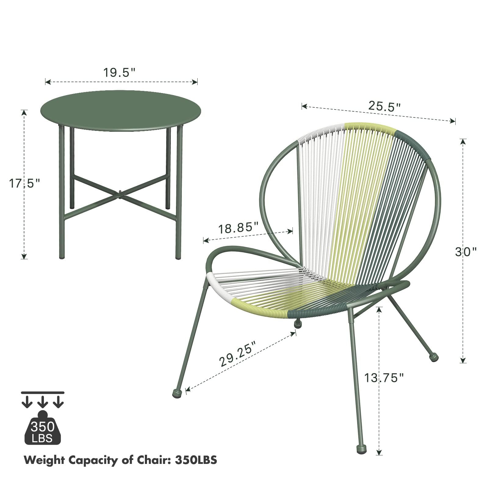 Grand patio 3-Piece Outdoor Acapulco Chair Set, Patio Furniture Set with Wicker Rope, Bistro Table and 2 Low Seat Chairs, Cool Olive Green