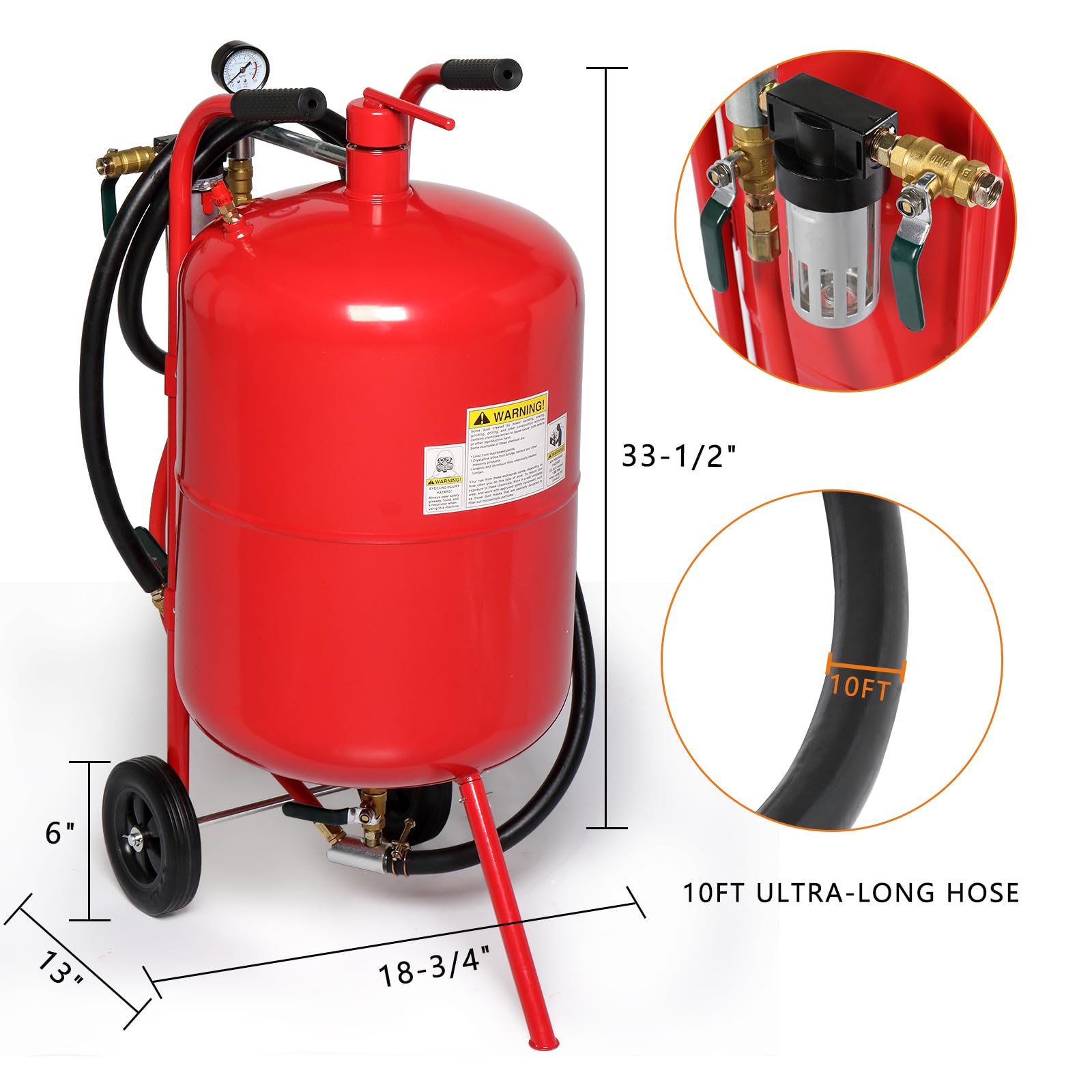 AutoForever 10 Gallon Sandblaster Air Sand Blaster Kit 65-125 PSI High Pressure Abrasive Blasting Tank w/6" Wheels Red