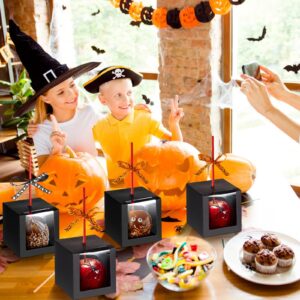 50 Sets Halloween Kraft Candy Apple Boxes with Hole Stick and Ribbons 4x4x4'' Window Clear Favor Boxes Candied Cake Cookies Chocolate Caramel Apple Boxes Gift Treat Boxes for Wedding Party (Black)