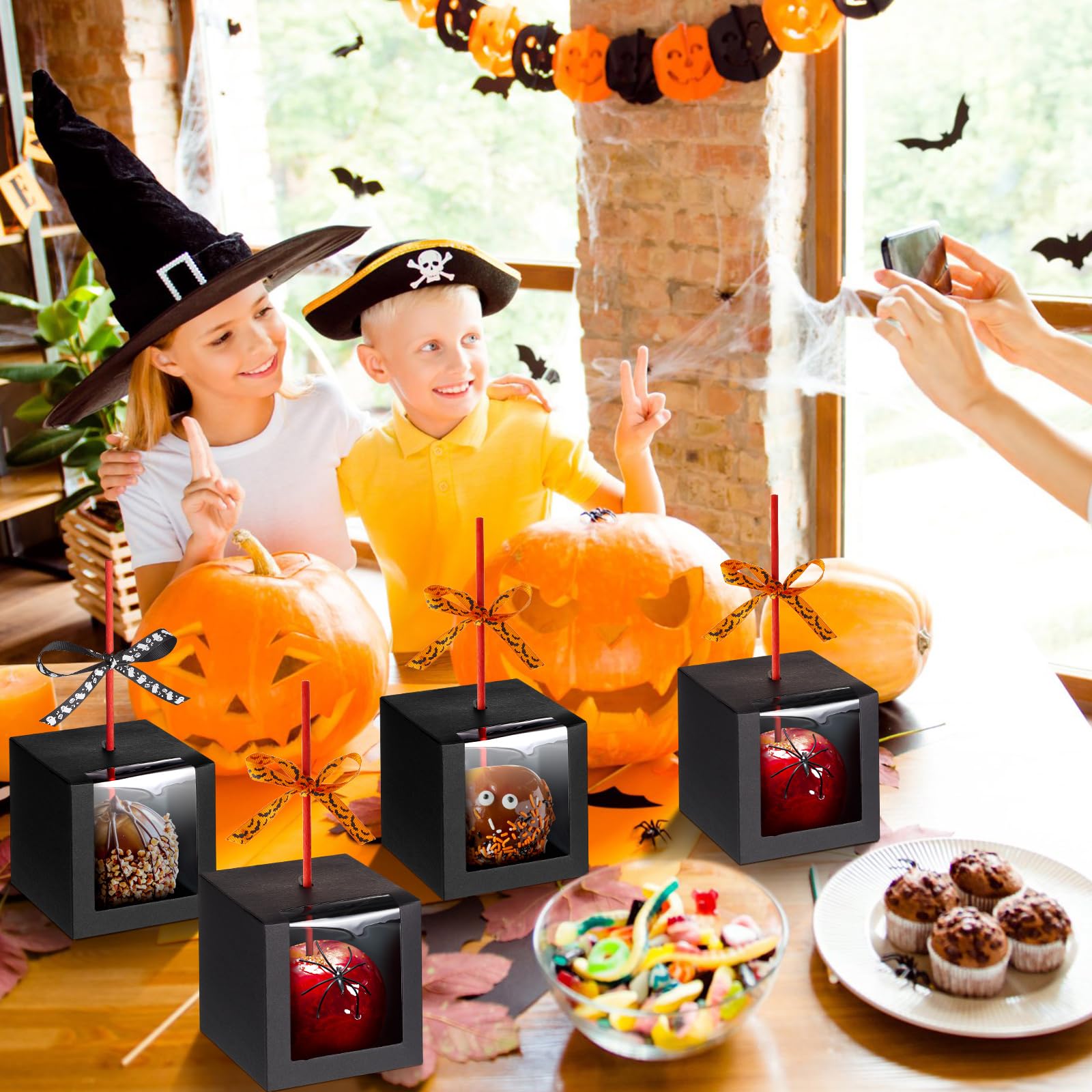 50 Sets Halloween Kraft Candy Apple Boxes with Hole Stick and Ribbons 4x4x4'' Window Clear Favor Boxes Candied Cake Cookies Chocolate Caramel Apple Boxes Gift Treat Boxes for Wedding Party (Black)