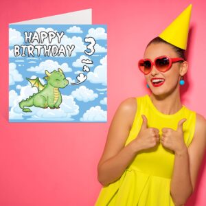 3rd Birthday Card Unisex - Cute Dragon - Happy Birthday Card 3 Year Old, 5.7 x 5.7 Inch Greeting Card for Son Daughter Brother Sister Grandson Granddaughter Niece Nephew Cousin