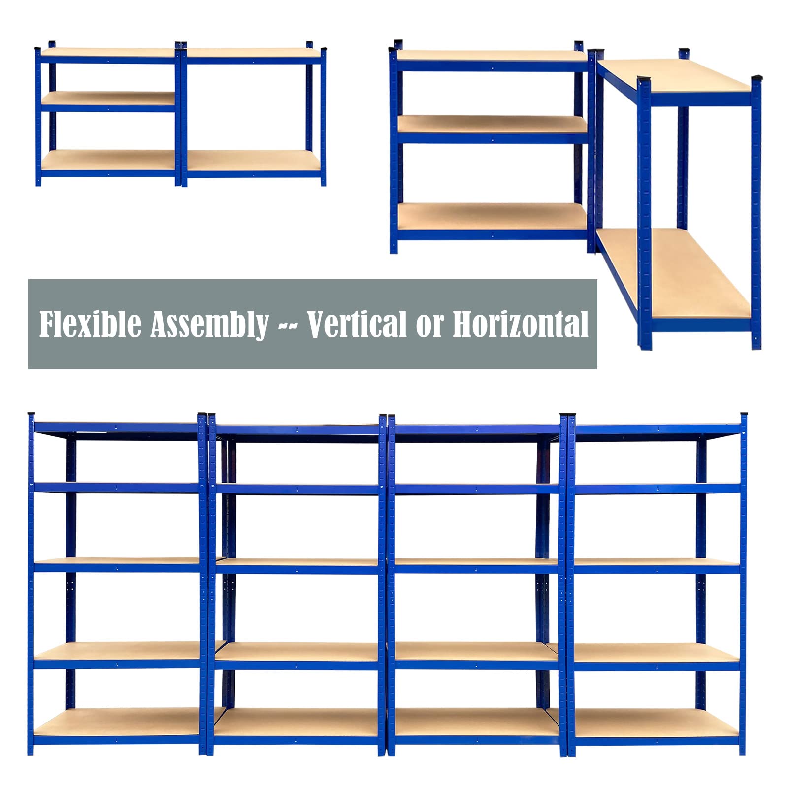 Bowoshen Storage Shelves 5-Tier 59in Height Garage Shelving Unit Rack Metal Shelf Heavy Duty 386lb Load per Tier, Adjustable Utility Shelves for Garage, Warehouse, Living Room, Office (59" Blue)