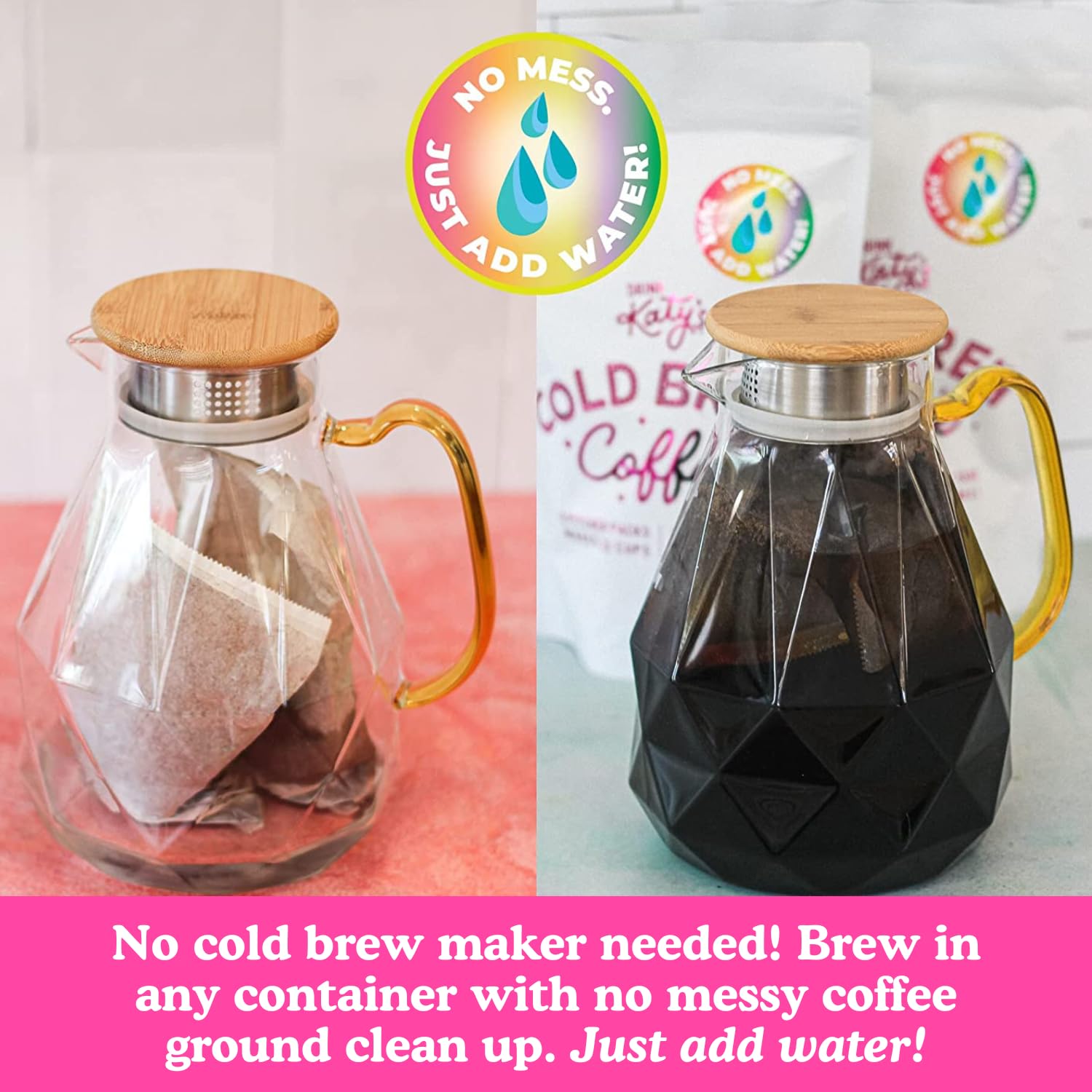 Drink Katy’s Cold Brew Coffee Packs, 6 Large Ready-to-Brew Pitcher Packets, No More Messy Cold Brew, Smooth & Delicious Dark Roast Brazilian Craft Coffee, Proudly Woman-Owned (Makes 32 Servings)