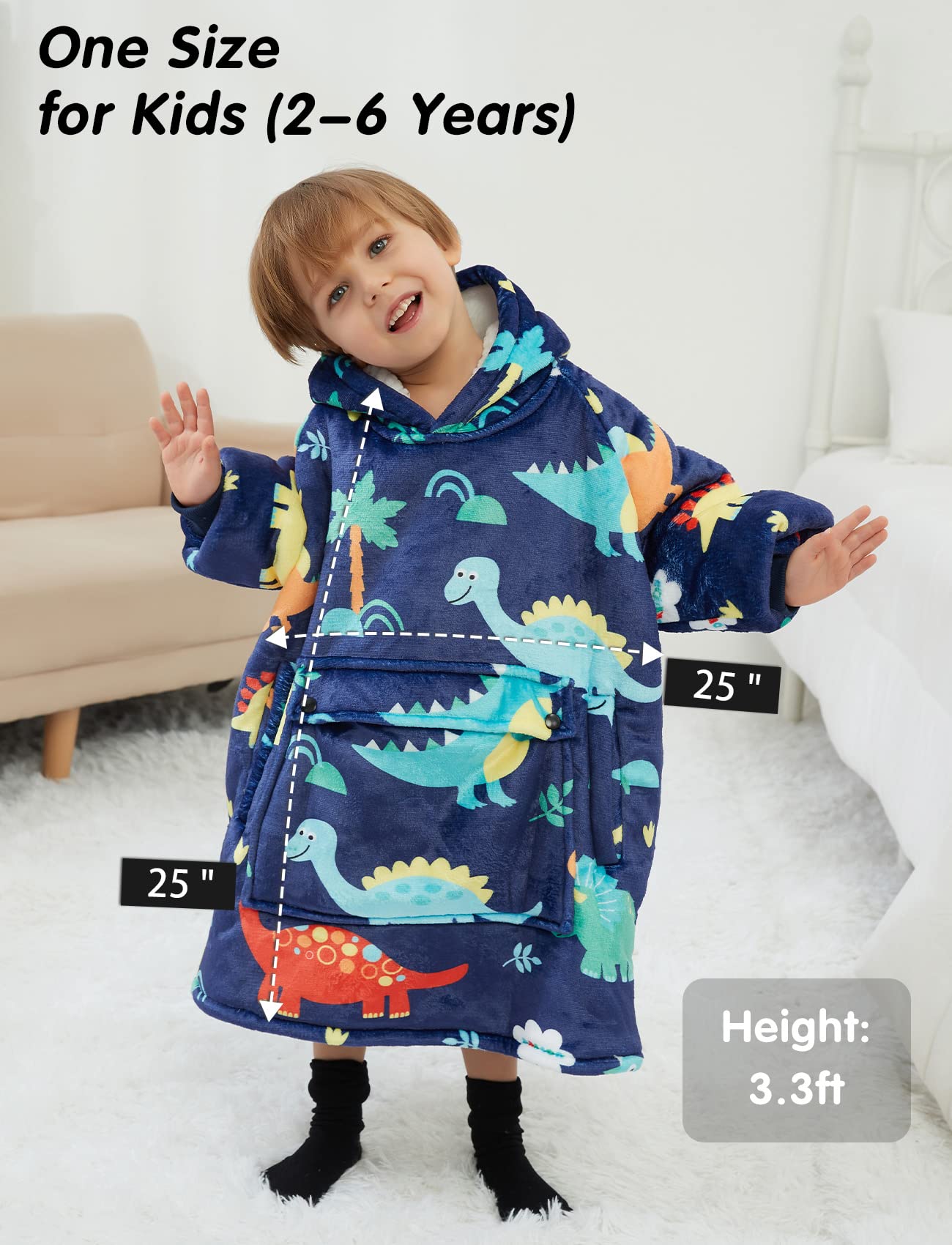 NOUKOW Wearable Blanket Hoodie for Toddlers Oversized Sherpa Blanket Sweatshirt Flannel Sweater Blanket 2-6 Years Old Boy Birthday Gifts Dinosaur