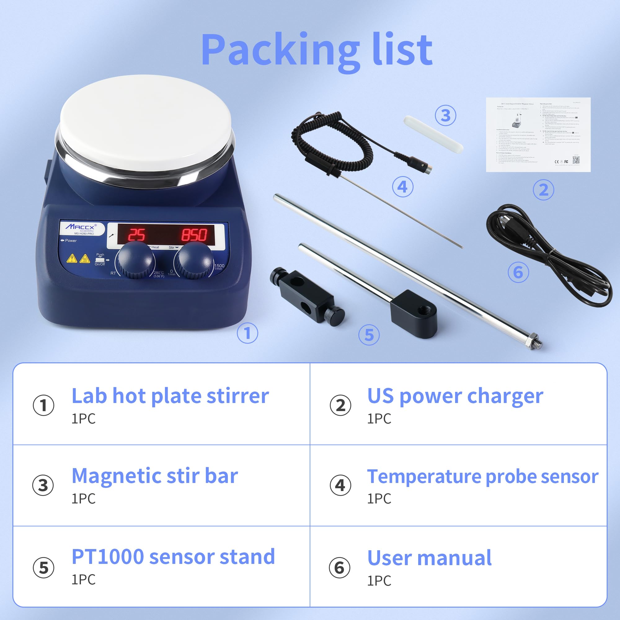 Maccx Magnetic Stirrer Hot Plate with Support Stand, 5.3 inch Digital Hotplate, Max 536℉/280℃, LED Panel, Temperature Control & Speed Adjust, 1500 RPM Lab Stirrers Hotplate, HMS280-001