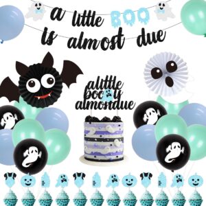 a little boo is almost due halloween baby shower decorations for boys - blue black glitter a little boo is almost due banner cake cupcake topper balloons black bat ghost foil balloons for little boo