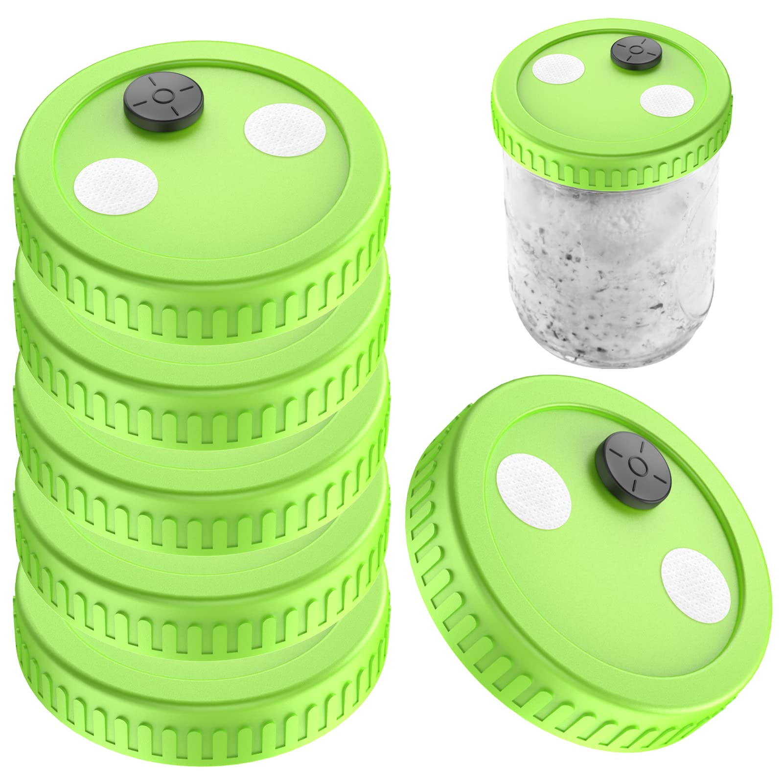 6Pcs Wide Mouth Liquid Culture Lid Food Grade Plastic Fermentation Mason Jar Lid with 0.22um PTFE Synthetic Filter Paper Sticker & 20mm Rubber Stopper Mushroom growing Kit