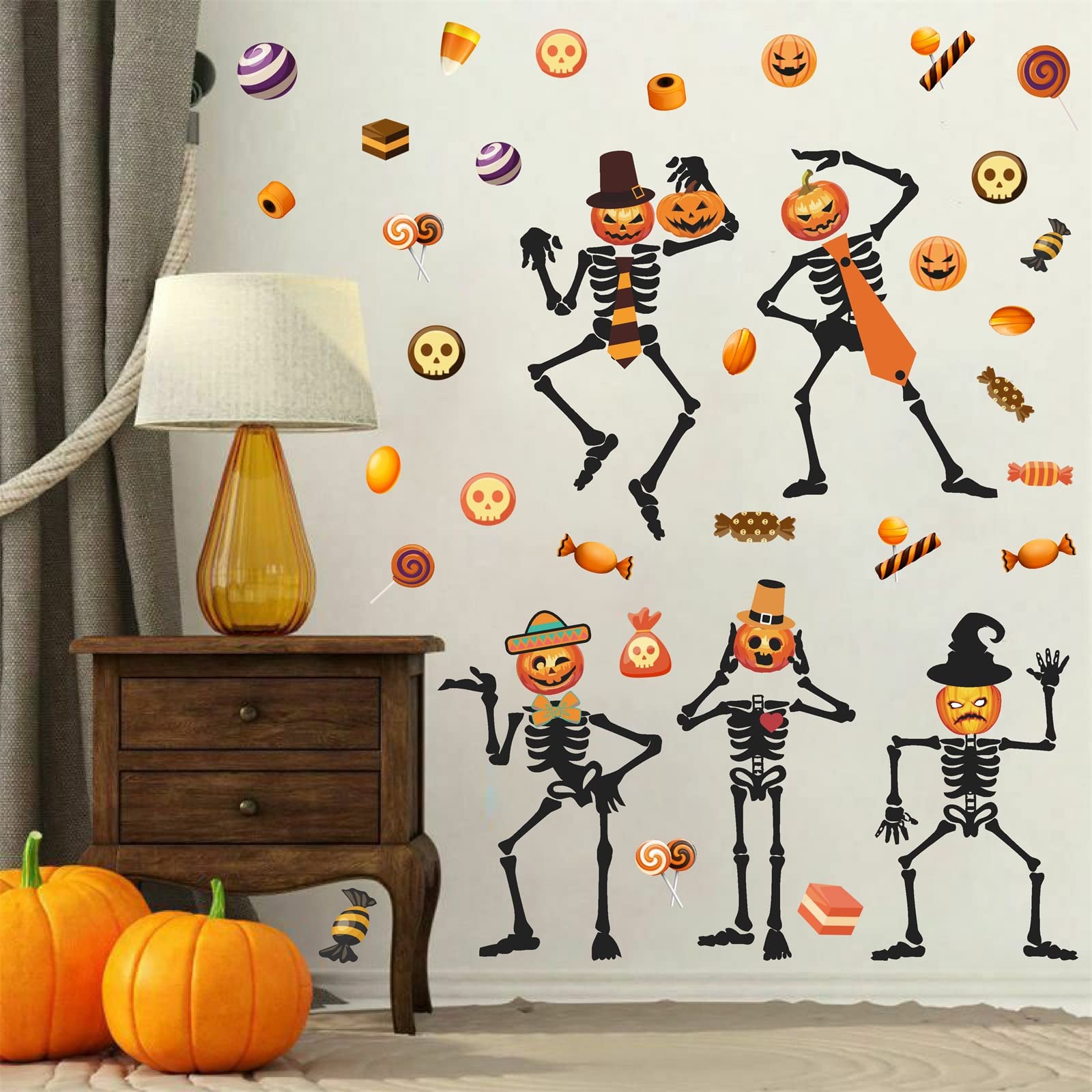 Halloween Skeleton Wall Decal Halloween Wall Stickers Pumpkin Candy Wall Decals Vinyl Halloween Window Clings Peel and Stick for Kids Room Window Halloween Party Decor