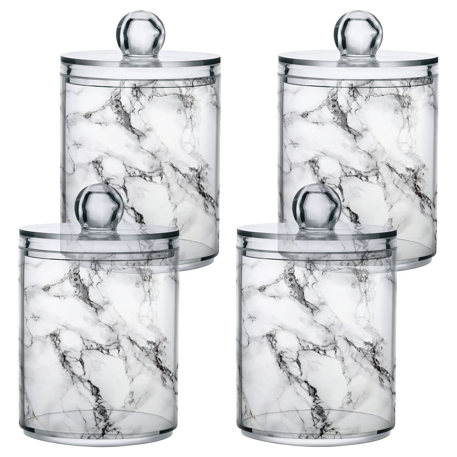 2 Pack Qtip Holder Organizer Dispenser Stylish White Marble Texture Bathroom Storage Canister Cotton Ball Holder Bathroom Containers for Cotton Swabs/Pads/Floss